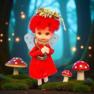 Vintage 1950s Napco Red Hair Pixie Angel Ornament Felt Elf Japan Tinsel Halo Sax